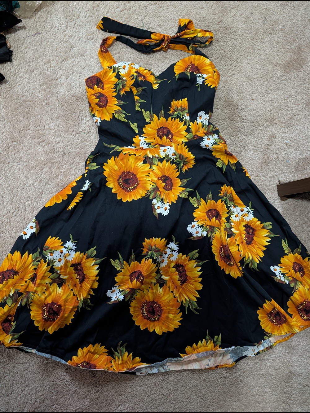 Sunflower Print Black Fit-and-Flare Dress